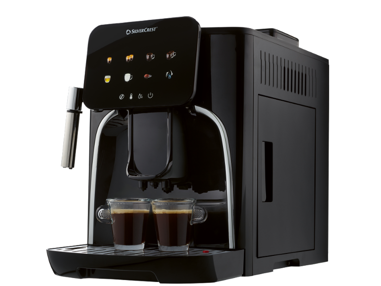 Black automatic coffee machine with a touchscreen display and two cups of coffee.