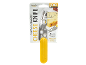 A cheese knife with a yellow handle and a stainless steel blade, packaged with text about slicing and serving cheese.