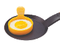 Fried egg in a yellow egg ring on a black frying pan.