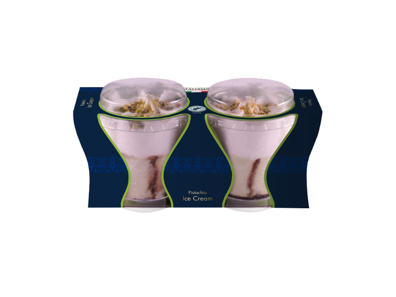Two packaged pistachio ice creams with chocolate syrup and nut topping.