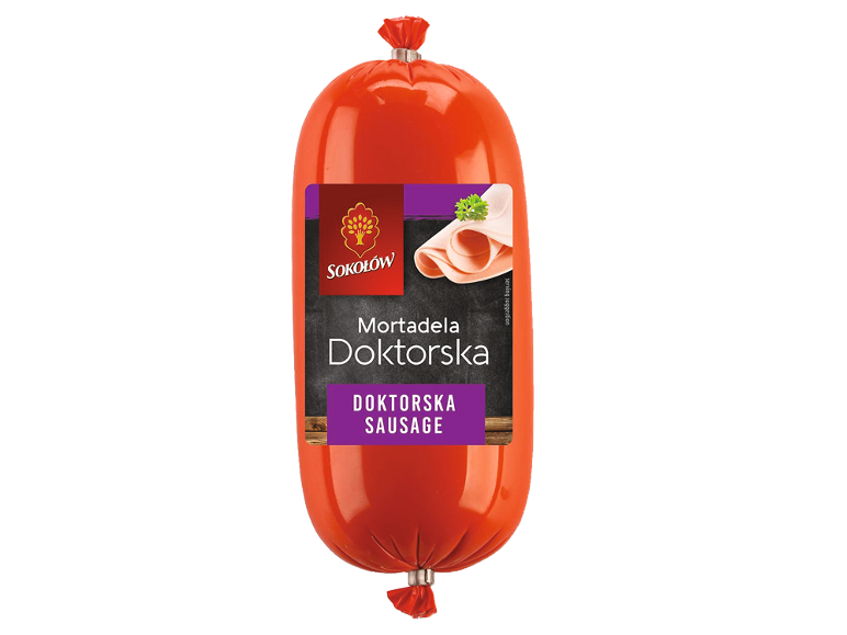 Red sausage with a label showing sliced mortadella and text 'Mortadela Doktorska'