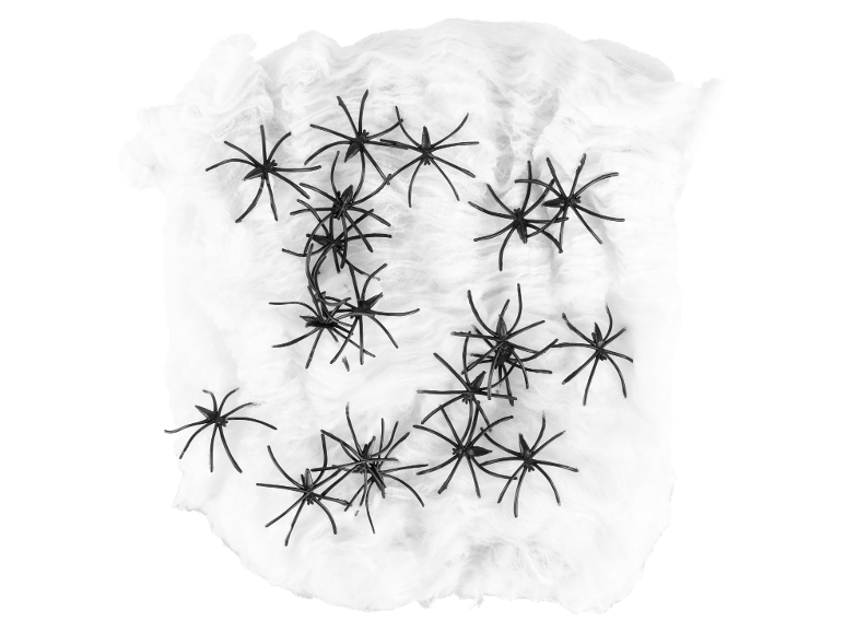 Black toy spiders on white spiderweb for Halloween.