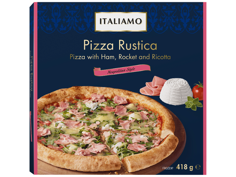 Frozen pizza with ham, rocket, and ricotta, Neapolitan style, 418g.