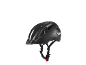 Black bicycle helmet with white reflectors and a red buckle.
