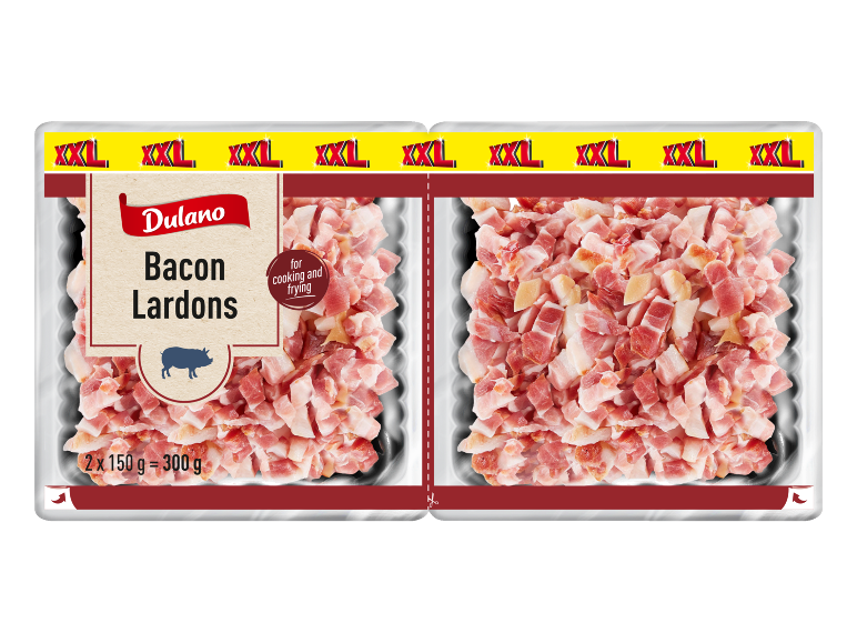 XXL pack of bacon lardons for cooking and frying, 2 x 150g = 300g.