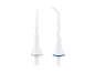 Two white water flosser tips, one straight and one curved, with different colored rings.