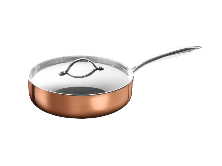 Copper pan with a metal handle and a glass lid.