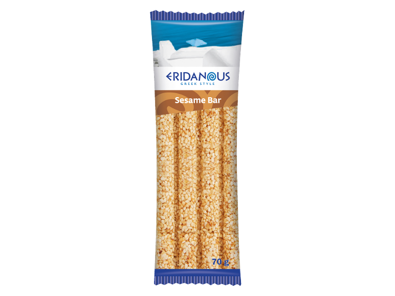 Greek style sesame bar with a blue and white background, 70g.