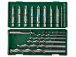 Drill bit and screwdriver bit set in a green case.