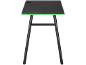 Black gaming desk with green edges and metal legs.