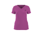 Purple short-sleeved V-neck t-shirt with a small dark grey logo on the chest.