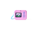 Pink kids' digital camera with a screen and purple buttons, featuring a mountain landscape.