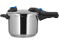 Stainless steel pressure cooker with black handles and blue details.