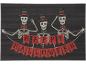 Three skeletons in top hats and red bow ties hold a 'HAPPY HALLOWEEN' banner.