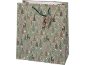 Green Christmas gift bag with reindeer and Christmas tree patterns.