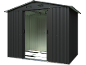 Anthracite metal garden shed with open sliding door, bright interior.