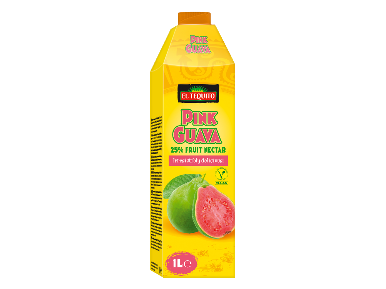 Pink Guava fruit nectar carton, 25% fruit, irresistibly delicious, 1L, vegan.