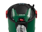 Top view of a green and black wet and dry vacuum cleaner with a red switch