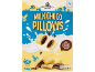 A 750g box of milk chocolate flavoured cereal pillows splashing in milk.
