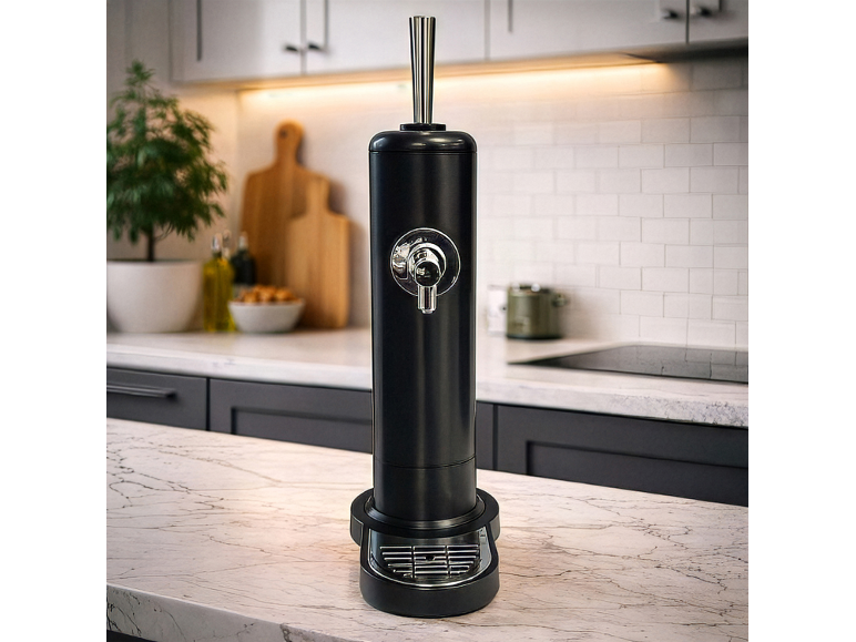 Black beverage dispenser on a marble kitchen counter with a blurred background.