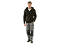 Man in a hooded knit jacket and grey work trousers with black details.