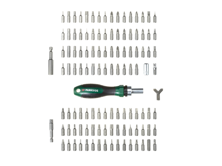 Screwdriver and bit set with handle and various attachments.