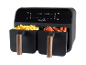 Dual air fryer with fries and chicken wings, digital display.