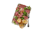 Plate of salami, cheese, lettuce, and bread with olive oil.