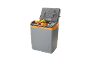 Portable cooler filled with fruits (pears, apples, grapes, oranges) and a water bottle.