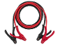 Red and black jump starter cables with clamps on a black background.