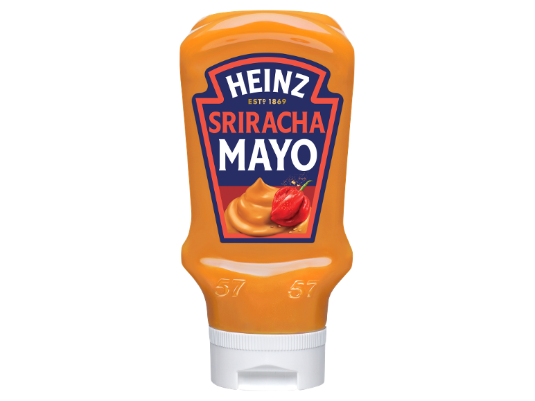 Sriracha mayonnaise bottle with a red chili and a dollop of sauce on the label.
