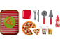 Toy pizza play set with tray, cutlery, pizza cutter, and drinks.