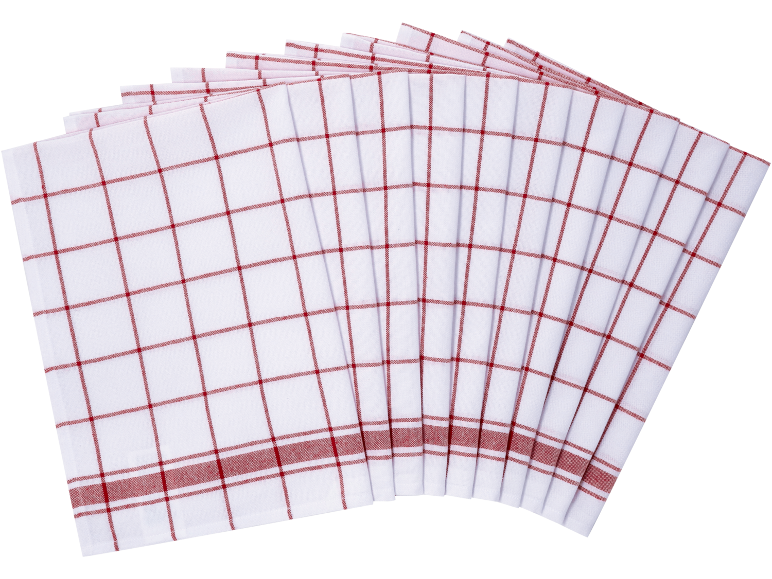 Kitchen towels with a red checkered pattern, fanned out.