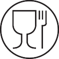 Food safety symbol: glass and fork in a circle.
