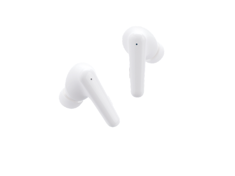 Two white wireless earbuds on a black background.