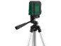 Green laser level on a tripod with silver legs and a black handle.