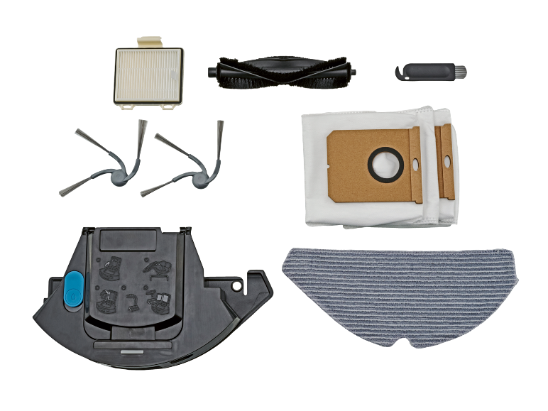 Robot vacuum cleaner spare parts: filters, brushes, dust bags, and mop cloth.