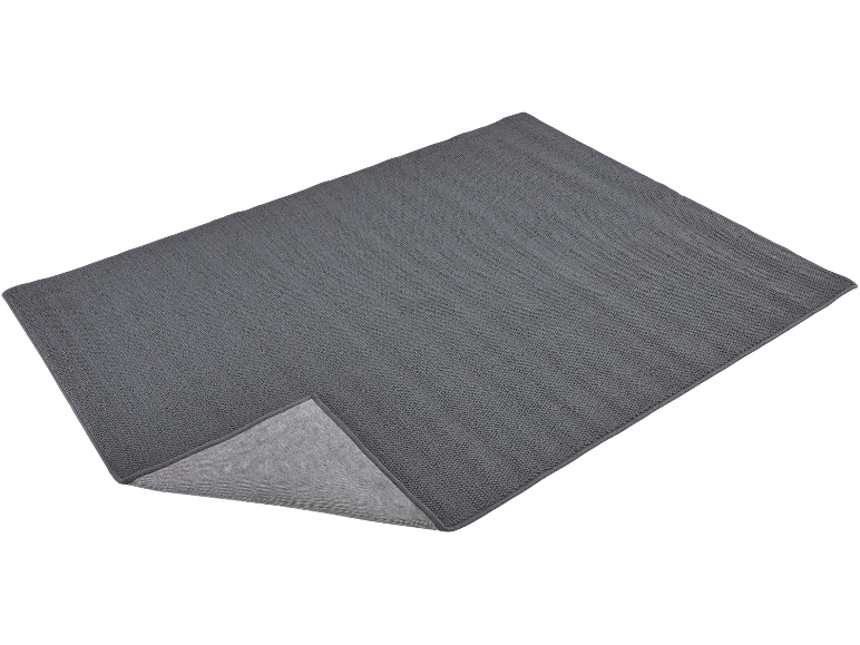 Dark grey rug with a ribbed texture and a folded edge showing the underside.