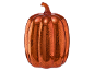 Shimmering orange pumpkin with a glittery texture and brown stem on a black background.
