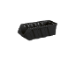 Black plastic storage bin with open front