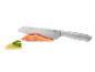 Kitchen knife slicing a salmon fillet with lemon and parsley.