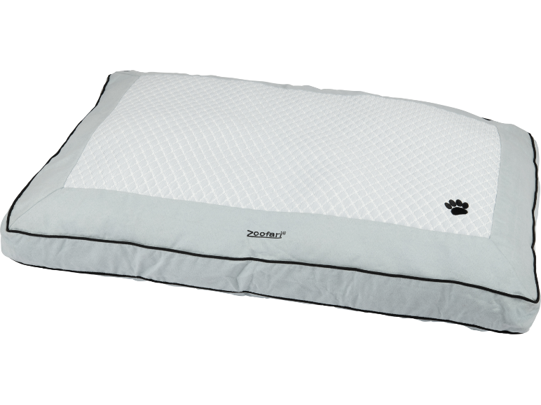 Light gray rectangular pet bed with a paw print and a quilted pattern.