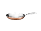 Copper frying pan with stainless steel interior and metal handle.