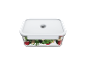 Rectangular vacuum container with lid, filled with salad.