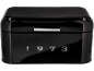 Black bread bin with a chrome handle and the numbers «1973».