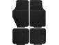 Set of four black rubber car floor mats with wavy and ribbed patterns.