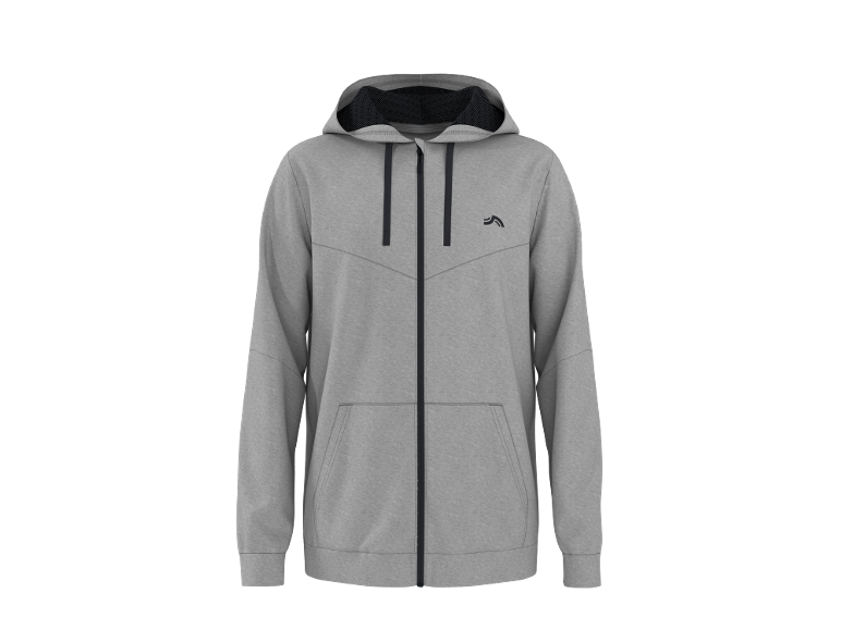Grey men's zip-up hoodie with a hood and a black logo.
