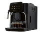 Black automatic coffee machine with a touchscreen display and two cups of coffee.