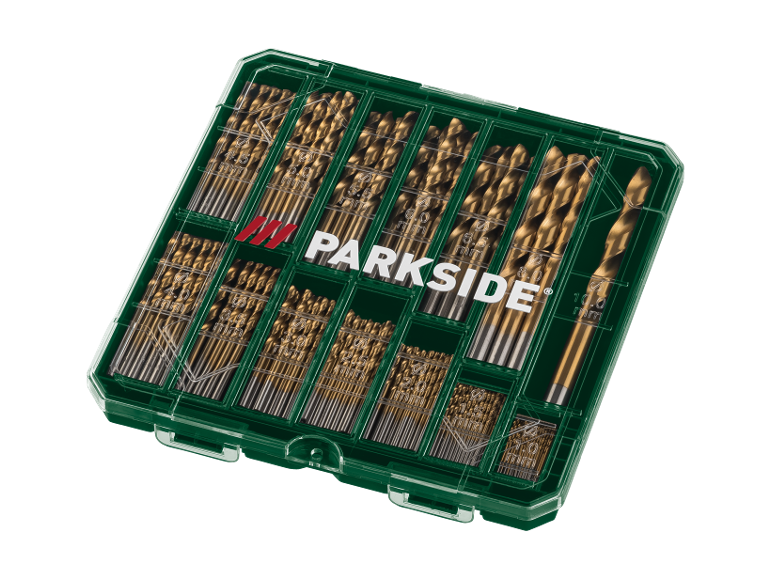 Drill bit set in a green case, with drill size markings and a logo.