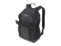 Black backpack with multiple pockets and white dotted patterns.